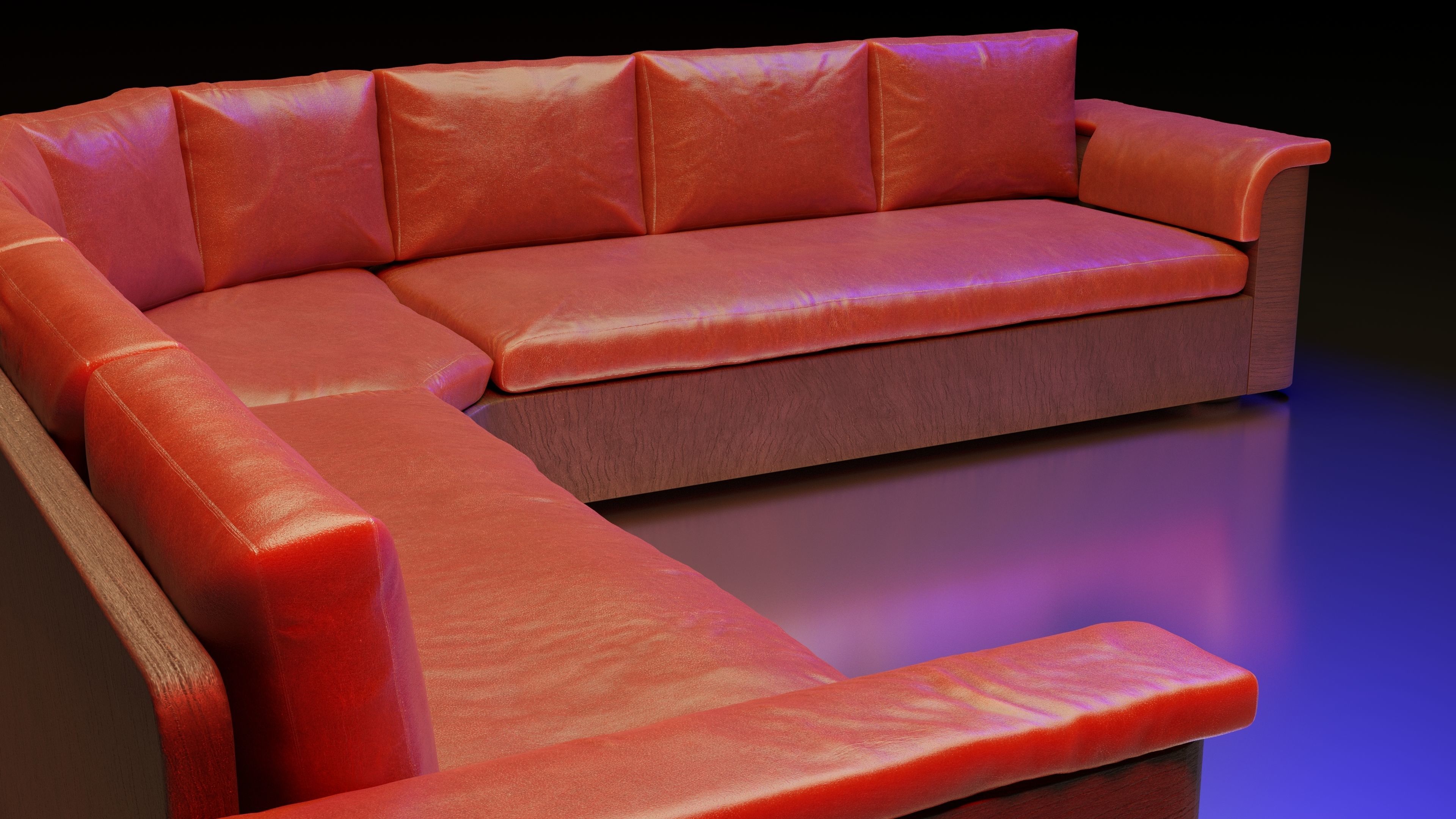 Large red corner sofa with leather cushions and wood base 3D model_11