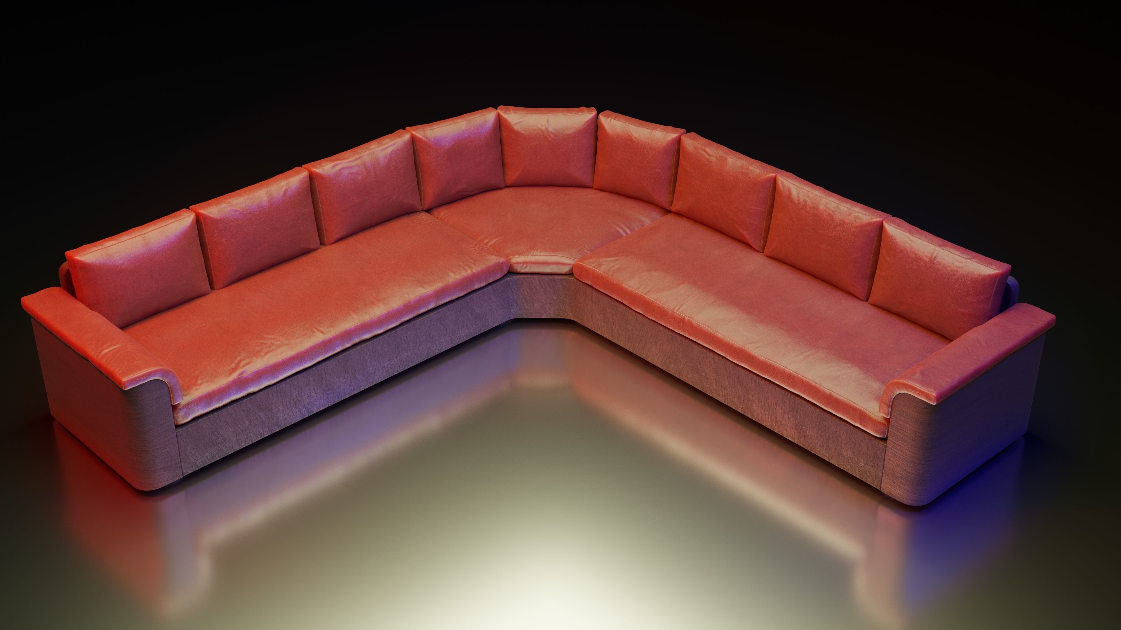 Large red corner sofa with leather cushions and wood base 3D model_9