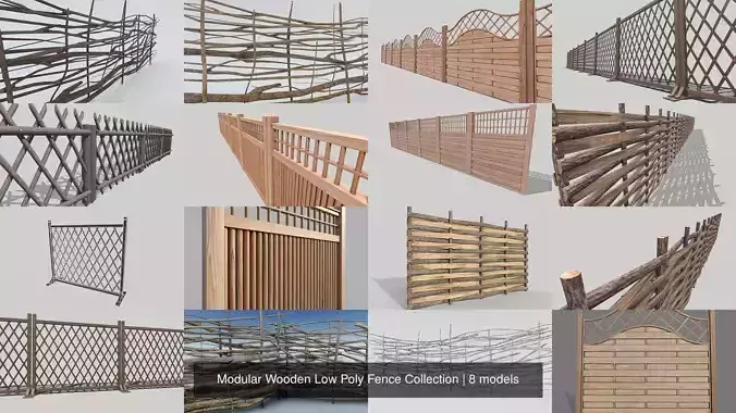 Modular Wooden Low Poly Fence Collection 