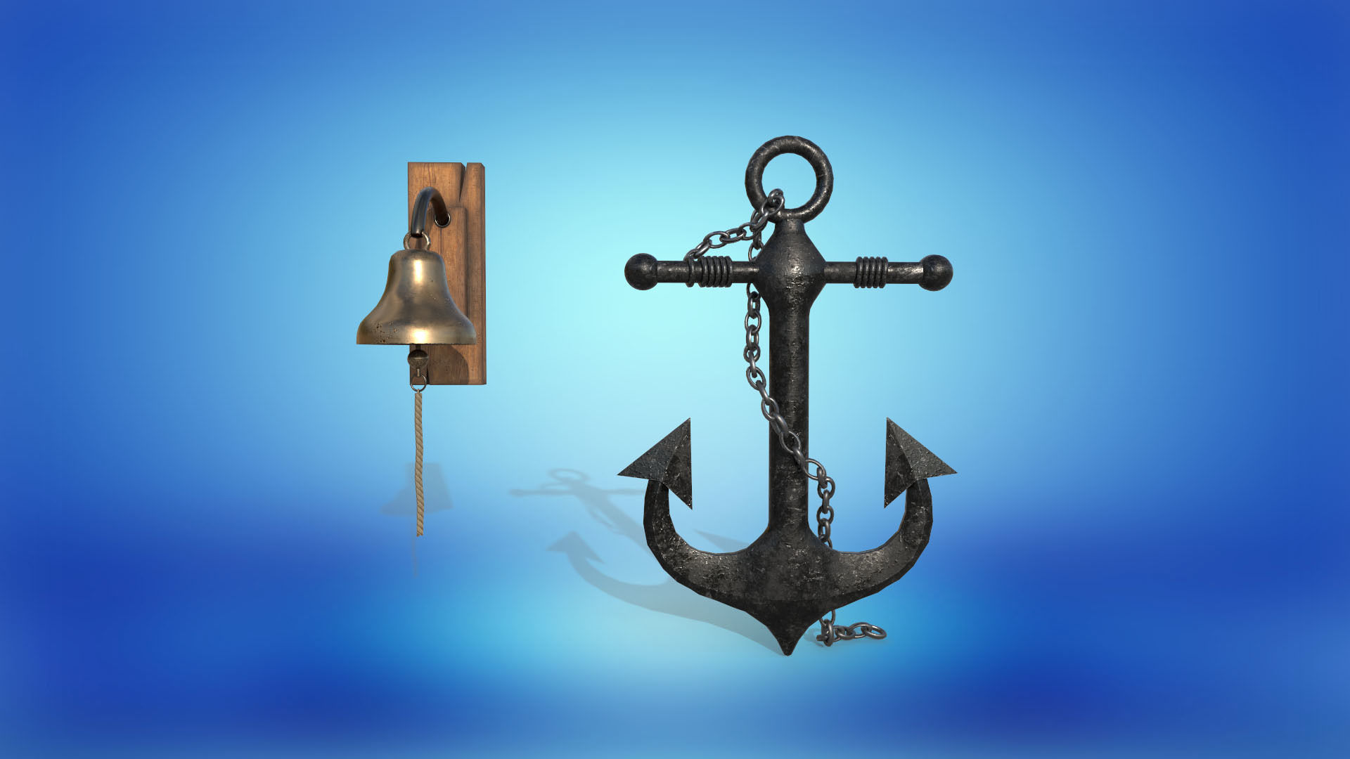 Nautical anchor and bell for a marine vessel PBR game ready Low-poly 3D model_1