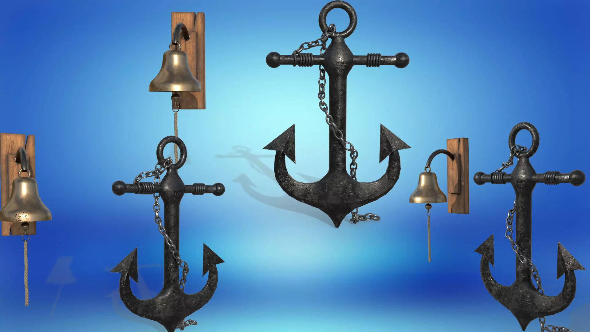 Nautical anchor and bell for a marine vessel PBR game ready Low-poly 3D model_0