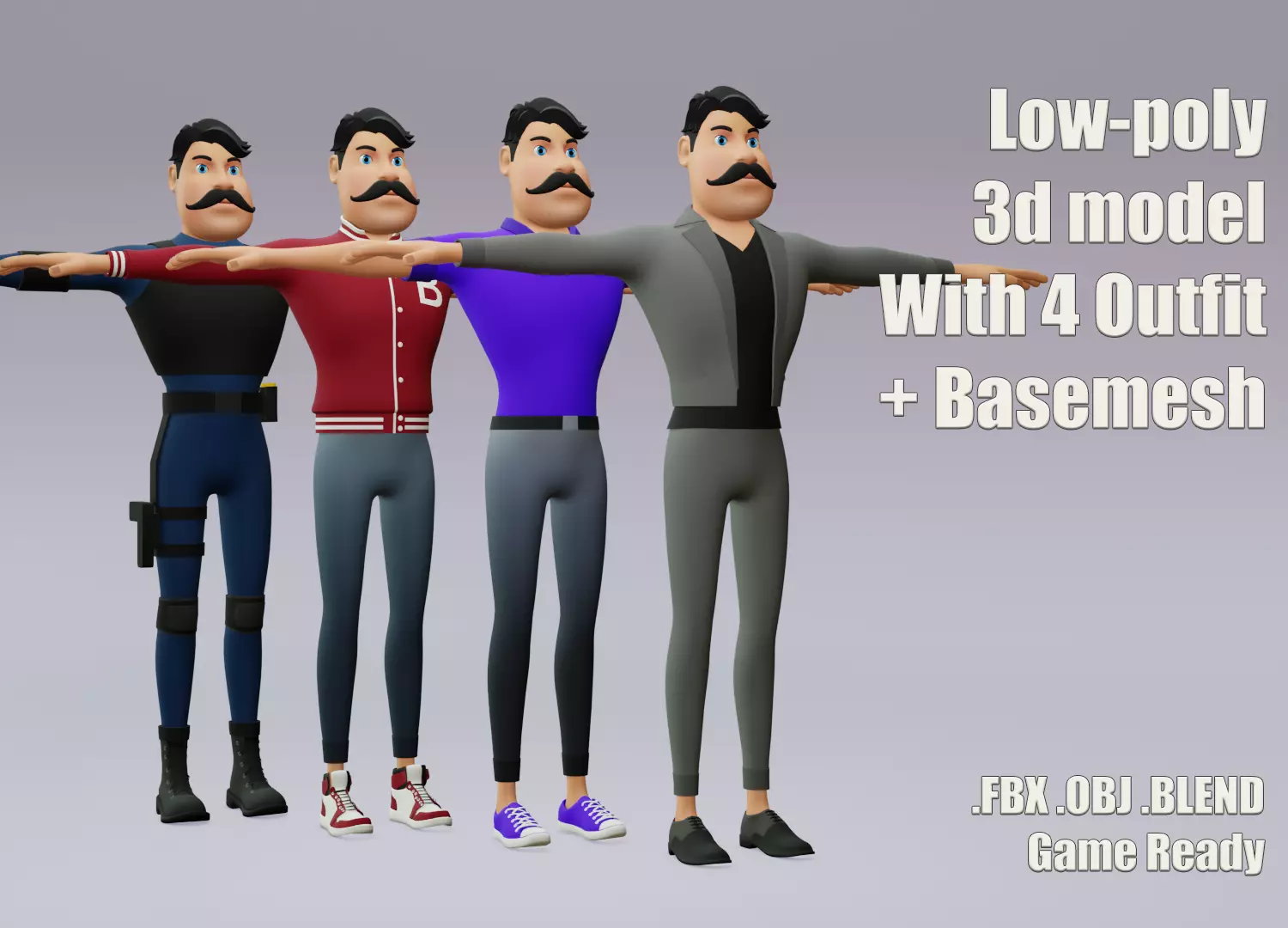 Male cartoon character with 4 outfit Low-poly 3D model_0