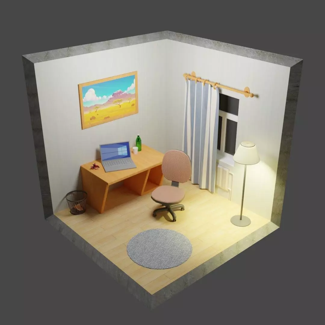 Workplace at home Low-poly 3D model_0