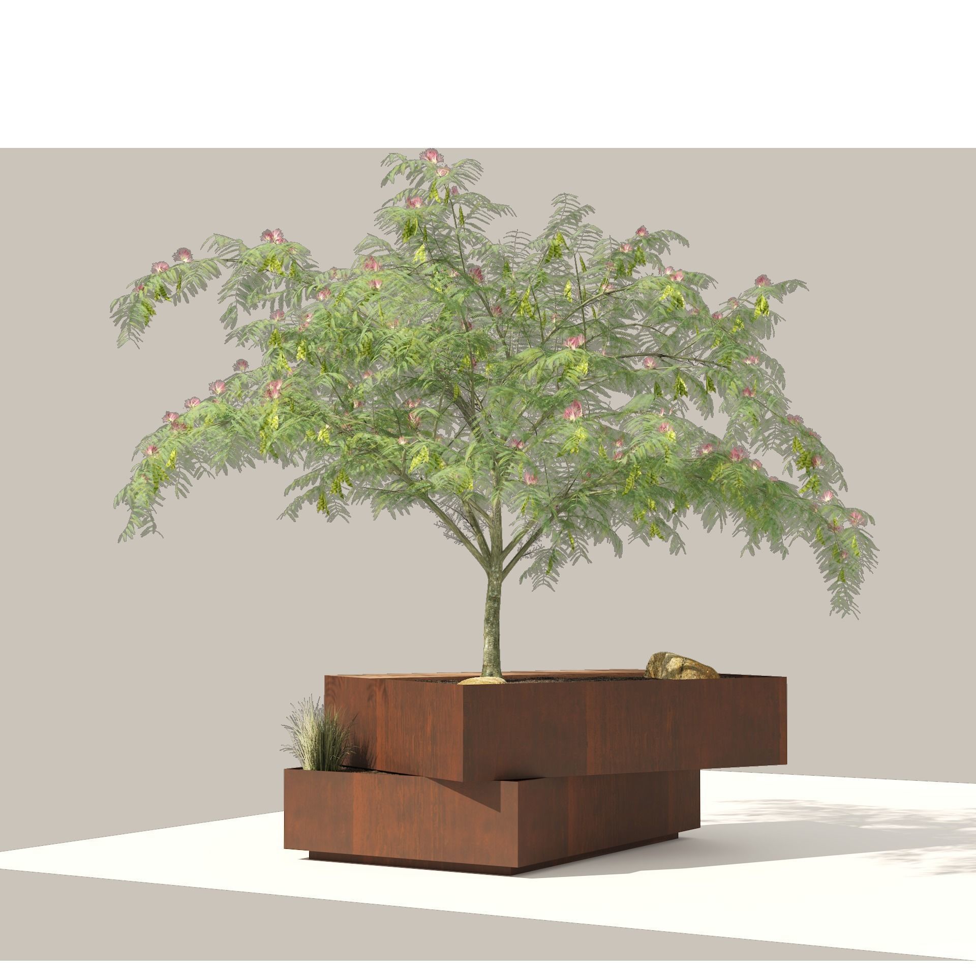 Landscape Bench with Mimosa tree pot Low-poly 3D model_8