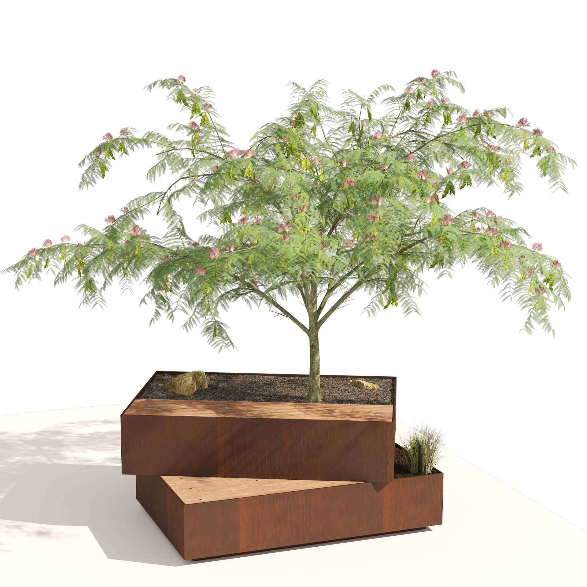 Landscape Bench with Mimosa tree pot Low-poly 3D model_3