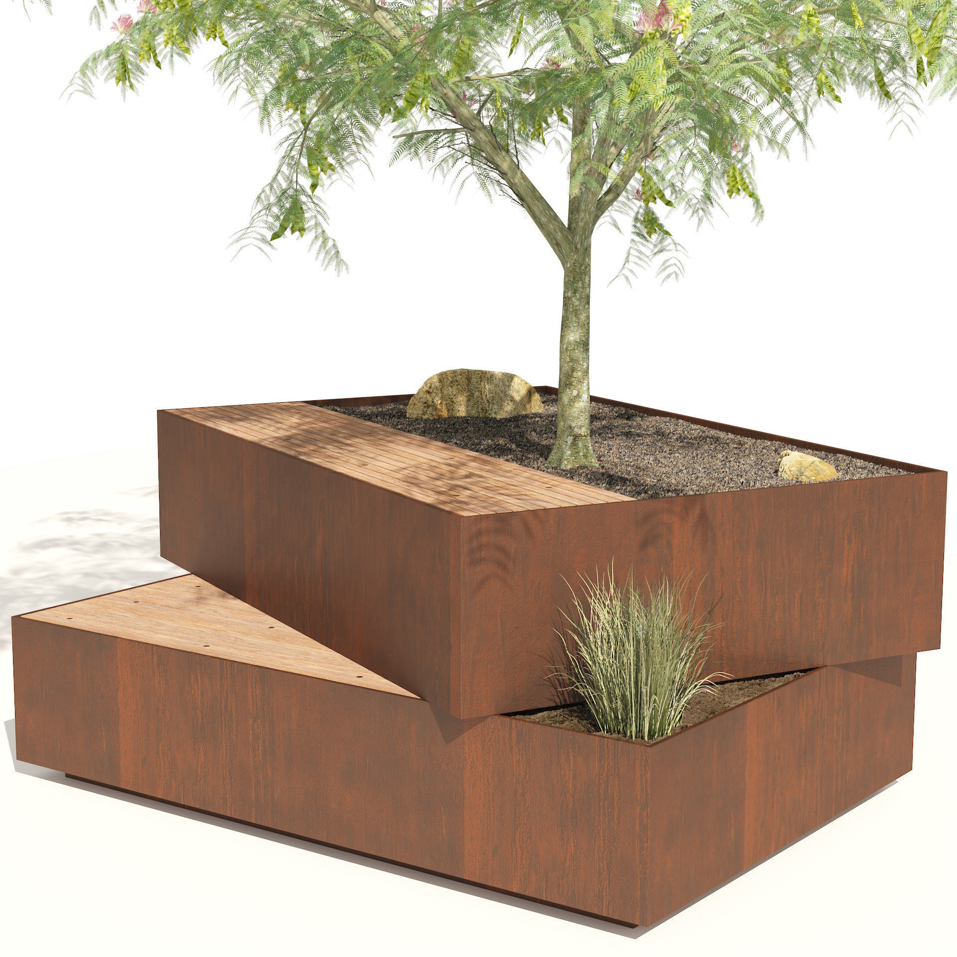 Landscape Bench with Mimosa tree pot Low-poly 3D model_2