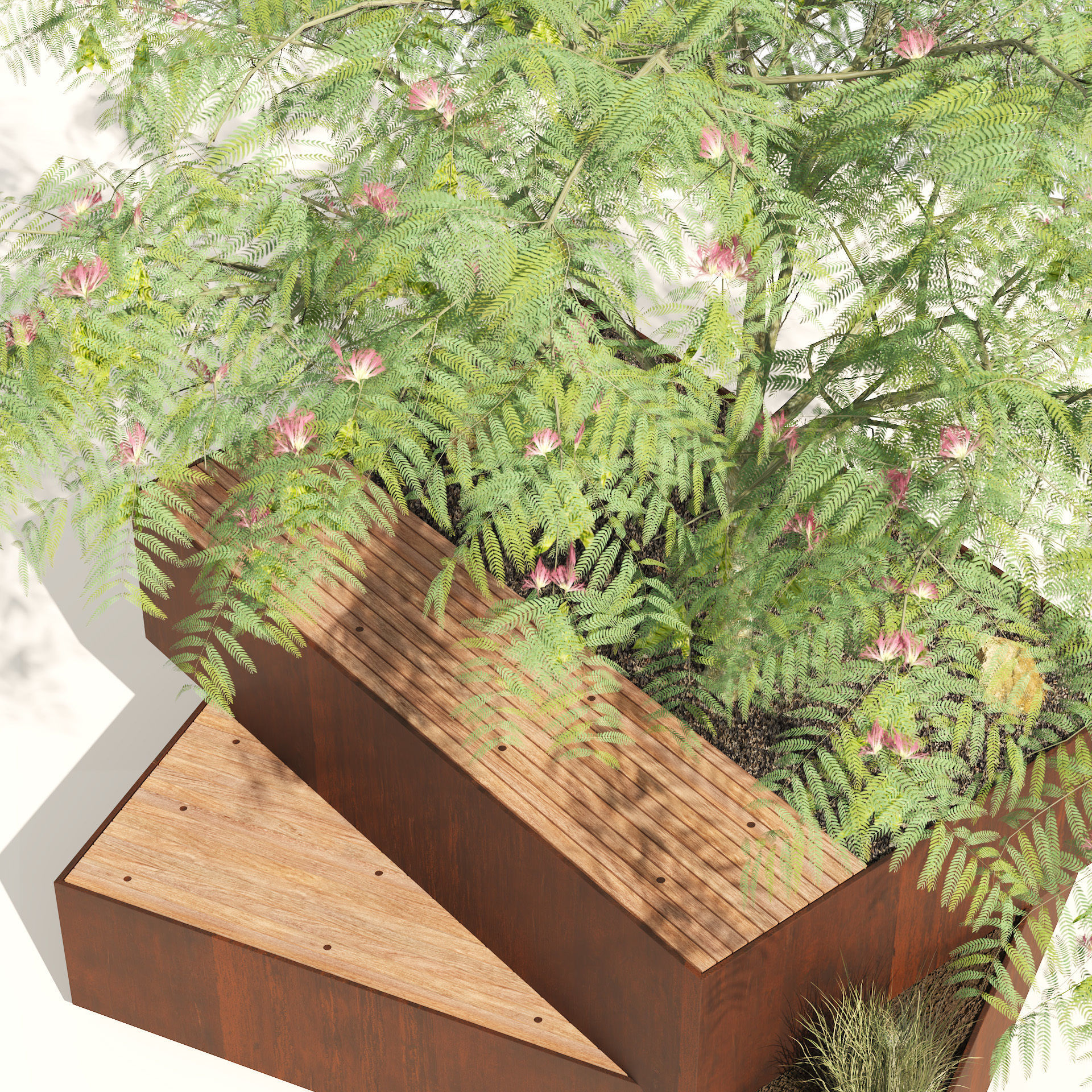 Landscape Bench with Mimosa tree pot Low-poly 3D model_1