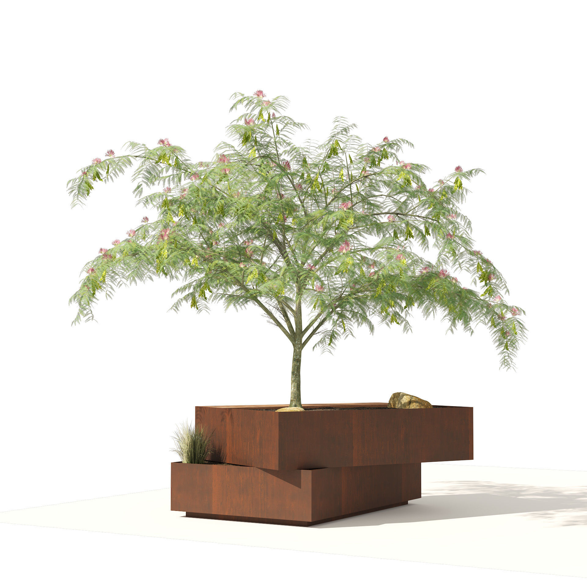 Landscape Bench with Mimosa tree pot Low-poly 3D model_5