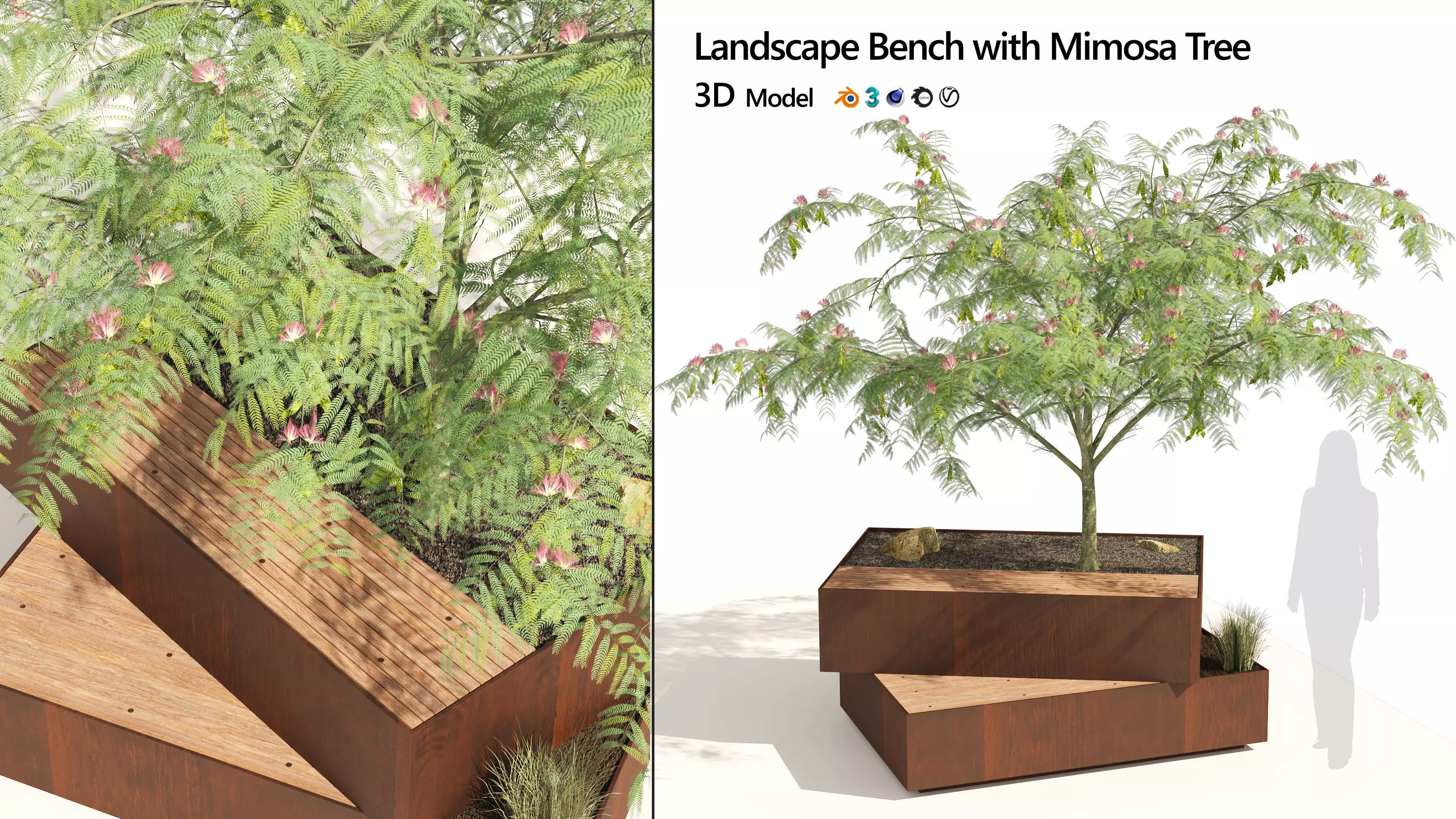 Landscape Bench with Mimosa tree pot Low-poly 3D model_0
