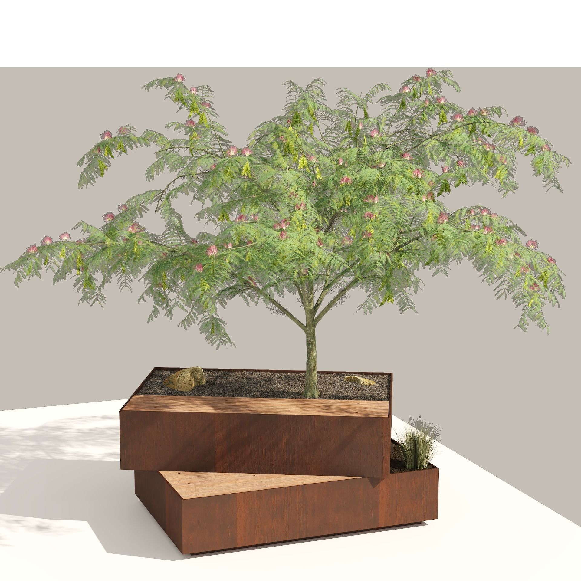 Landscape Bench with Mimosa tree pot Low-poly 3D model_9