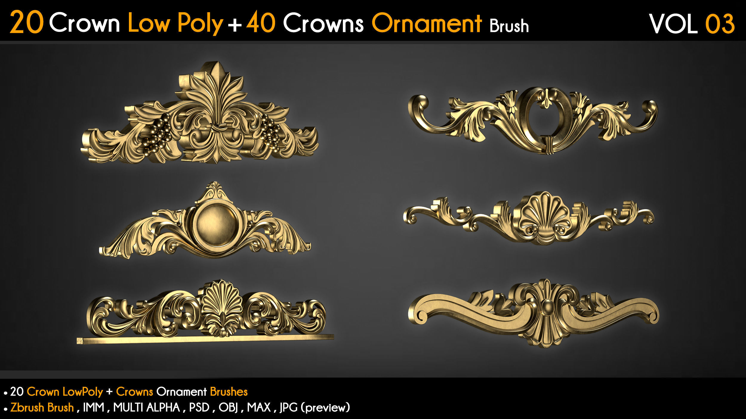 20 Crown Low Poly 40 Crowns Ornament Brush Vol 3 Low-poly 3D model_4