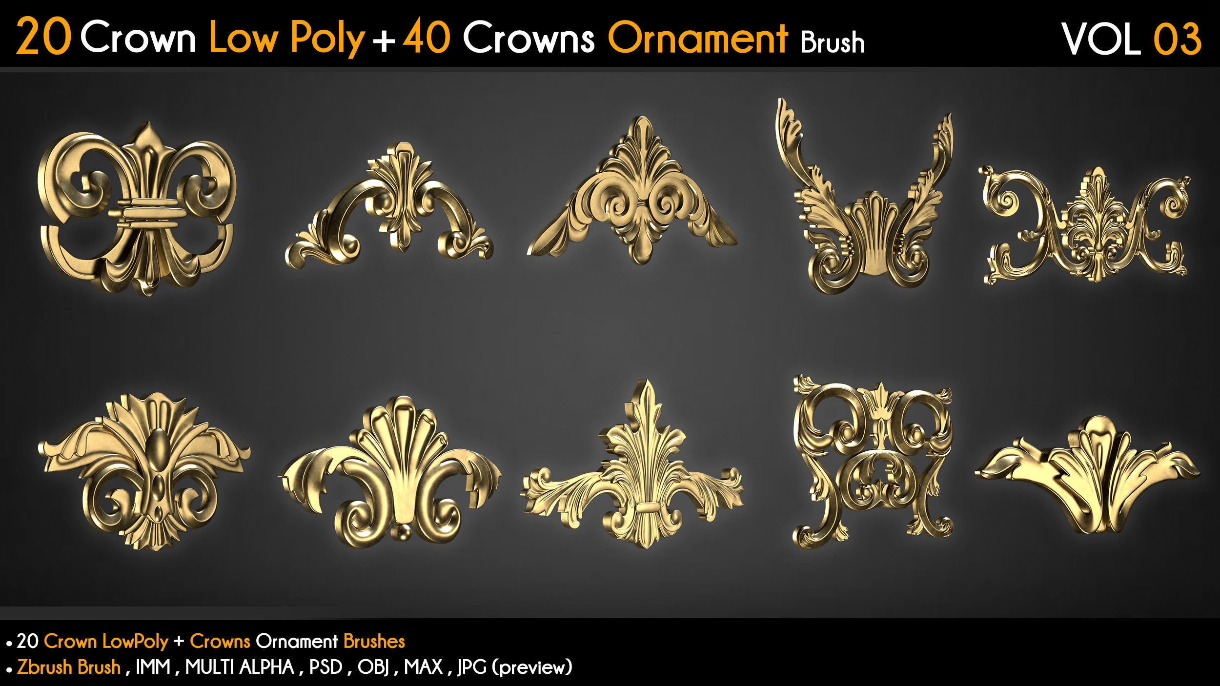 20 Crown Low Poly 40 Crowns Ornament Brush Vol 3 Low-poly 3D model_8