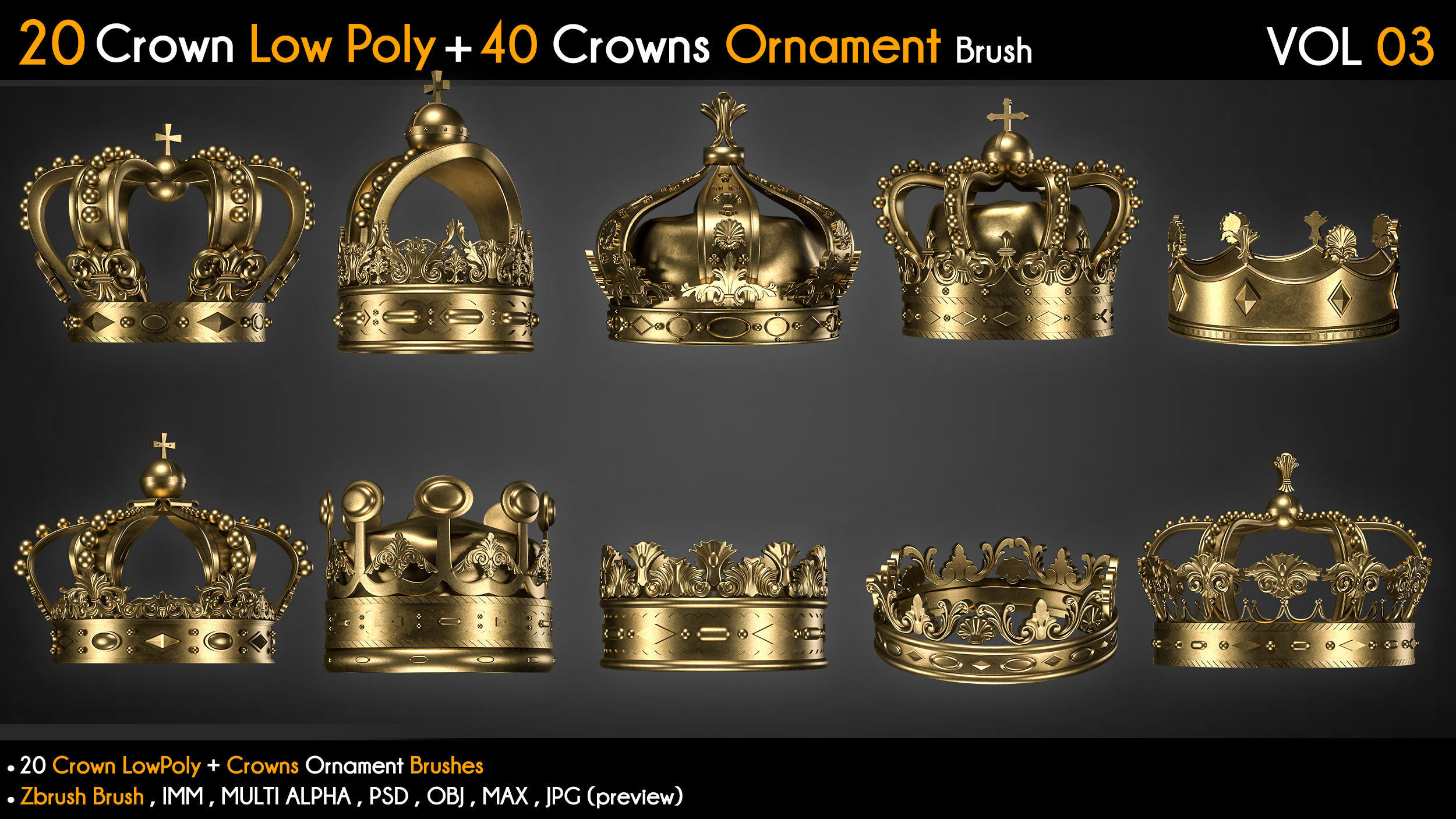 20 Crown Low Poly 40 Crowns Ornament Brush Vol 3 Low-poly 3D model_1