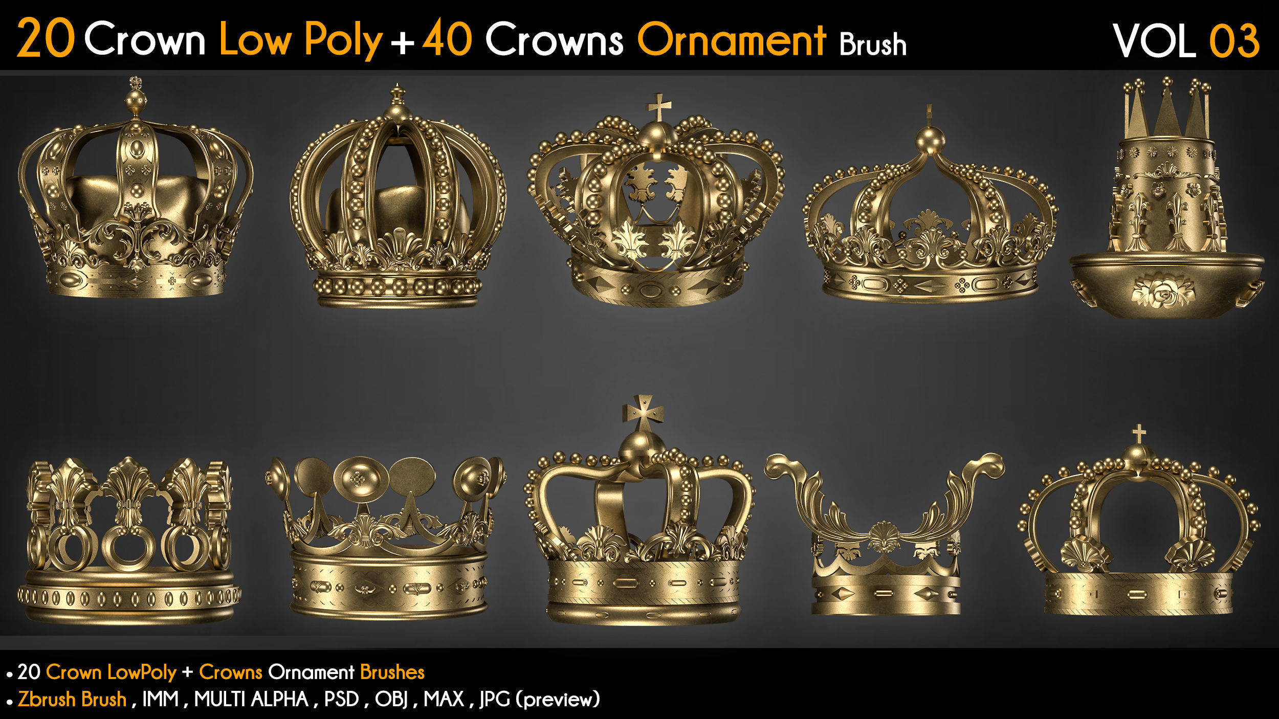 20 Crown Low Poly 40 Crowns Ornament Brush Vol 3 Low-poly 3D model_2