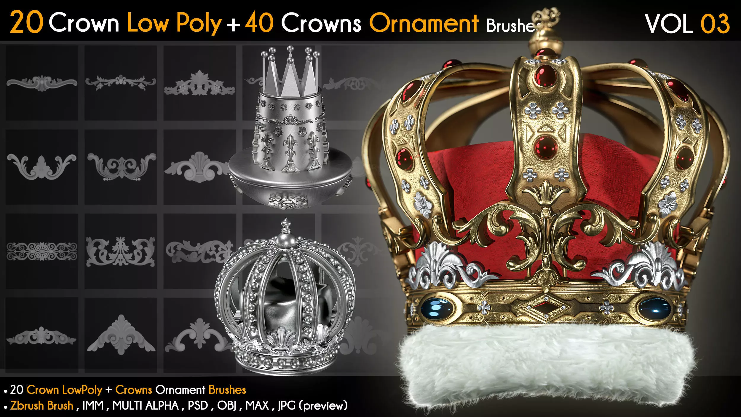 20 Crown Low Poly 40 Crowns Ornament Brush Vol 3 Low-poly 3D model_0