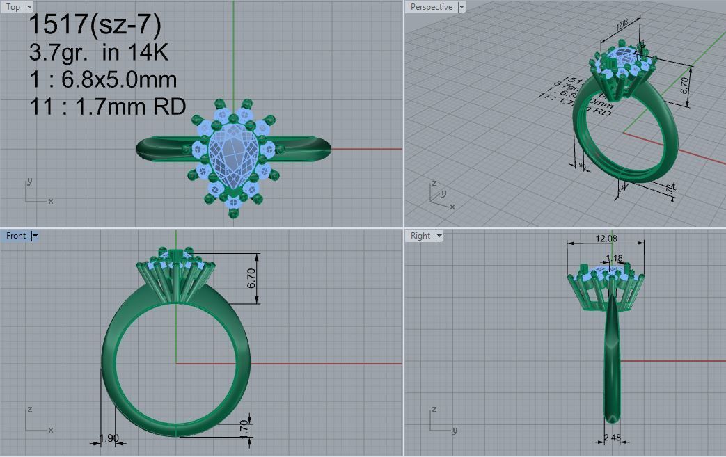 Pear Cluster Ring 1517 3D print model_4