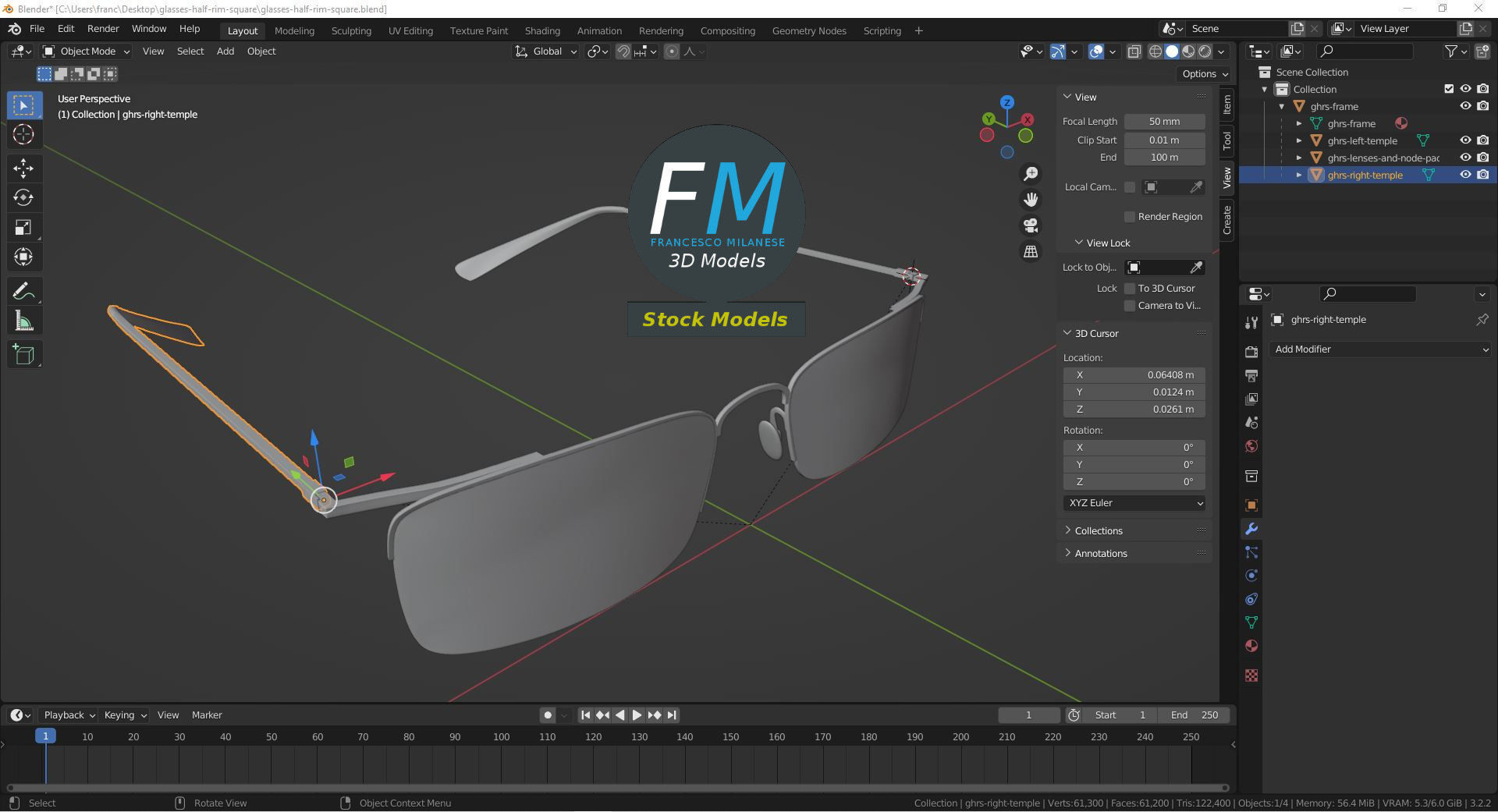 Glasses half rim square 3D model_9