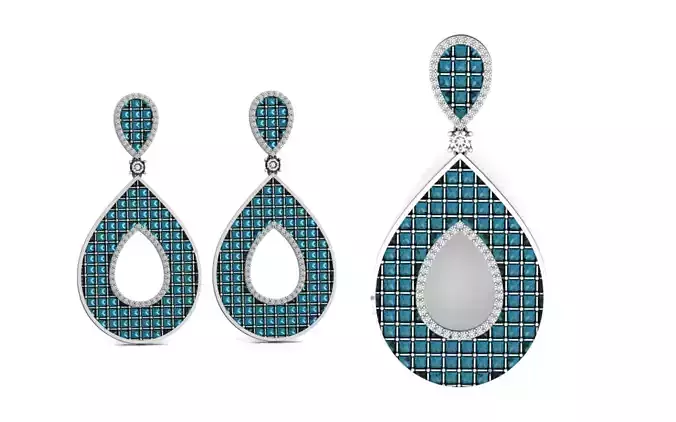 evening set of earrings and pendant with square stones 420