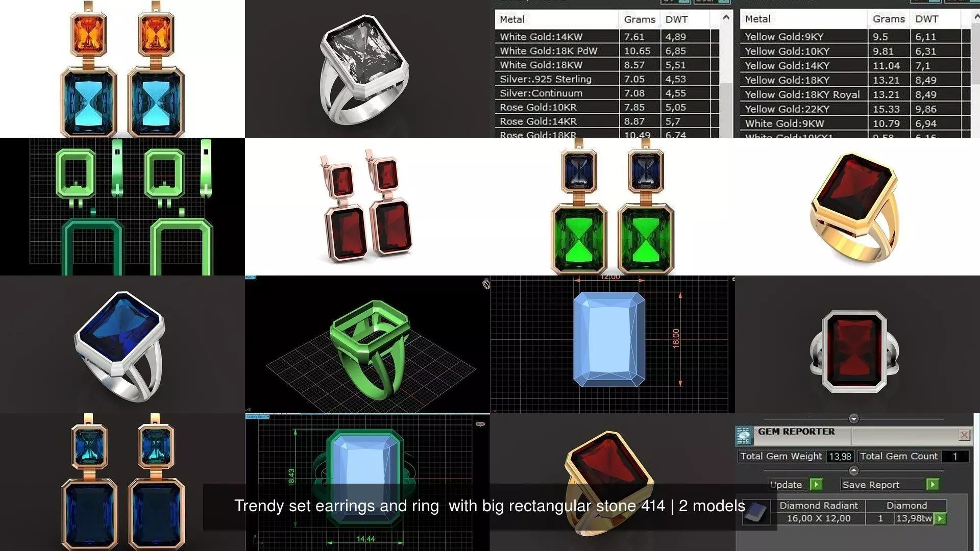 Trendy set earrings and ring  with big rectangular stone 414 3D Model Collection_1