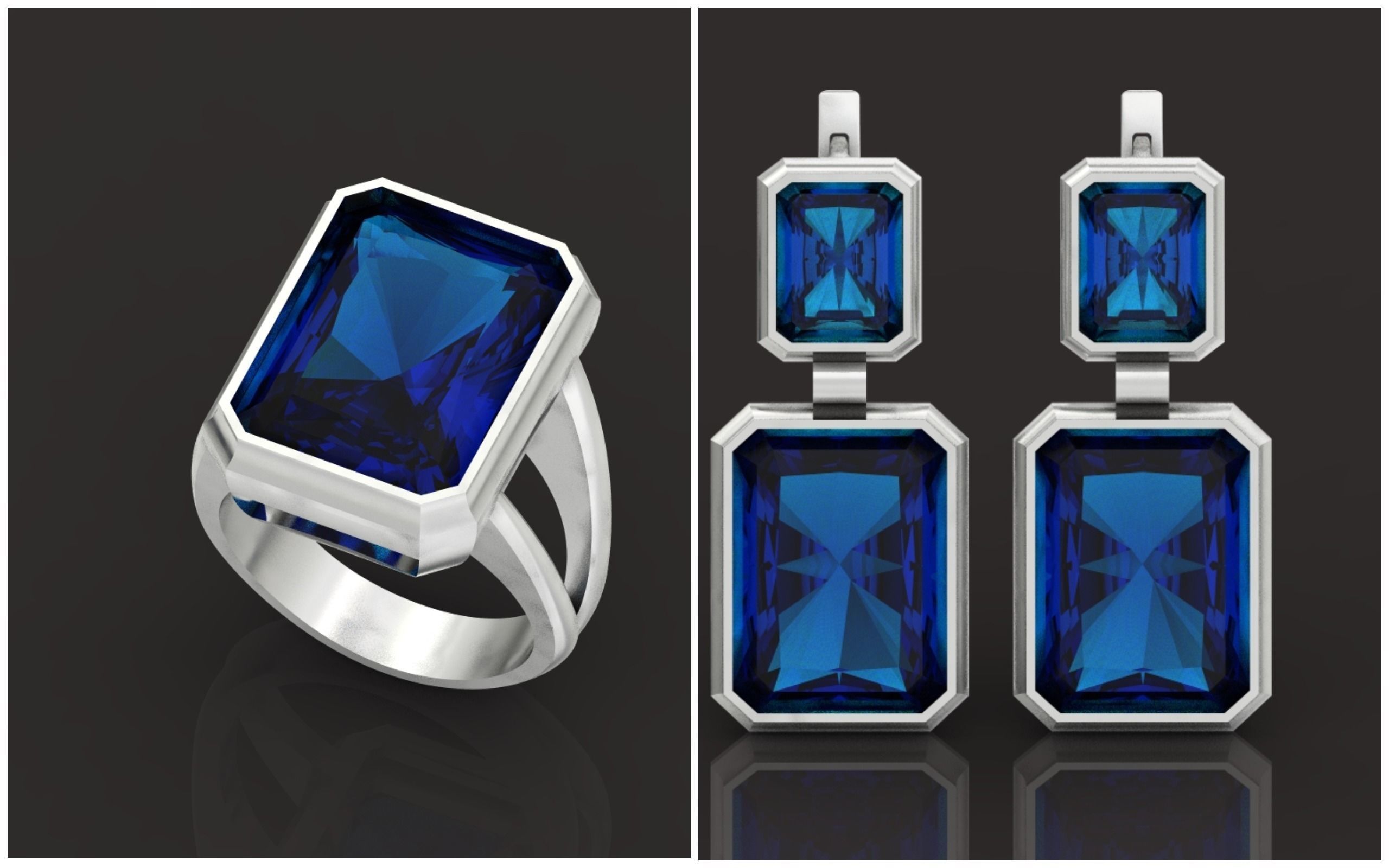 Trendy set earrings and ring  with big rectangular stone 414 3D Model Collection_3