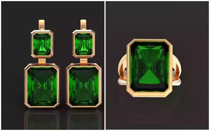 Trendy set earrings and ring  with big rectangular stone 414 3D Model Collection