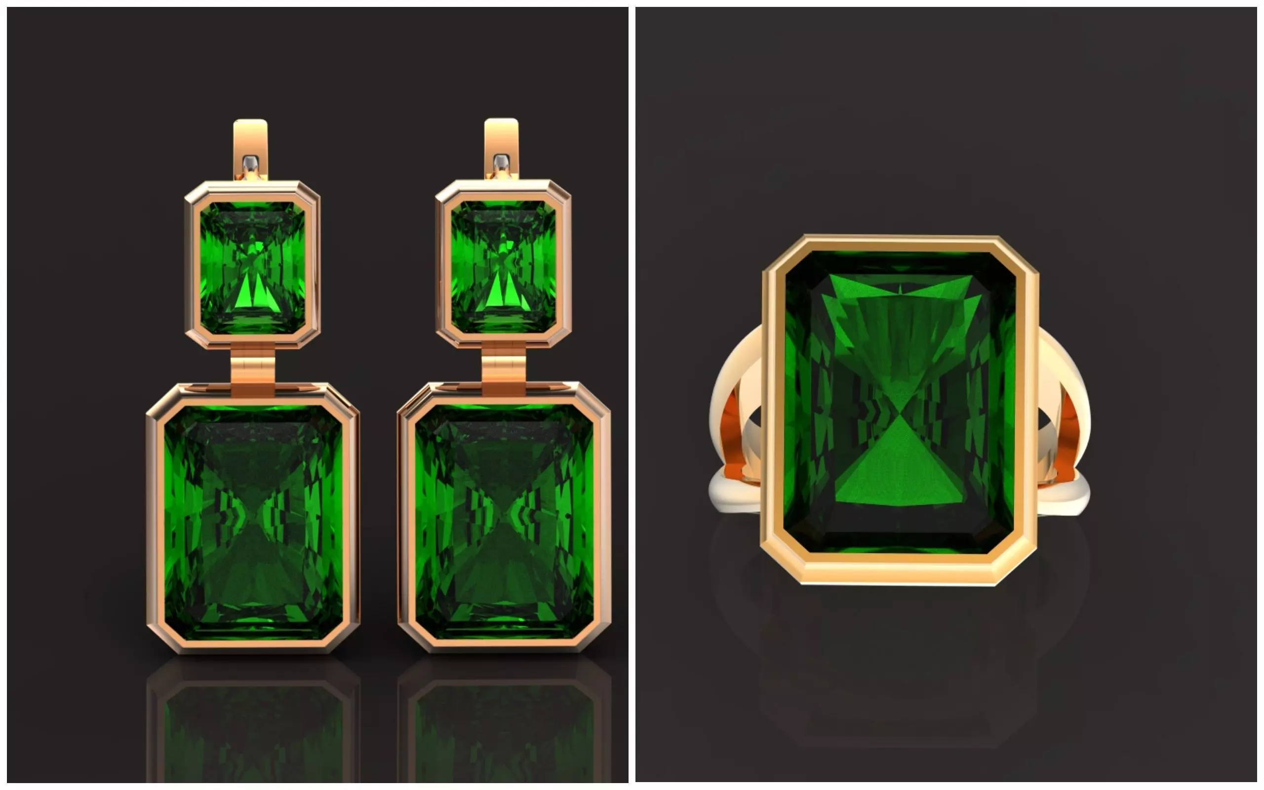 Trendy set earrings and ring  with big rectangular stone 414 3D Model Collection_0