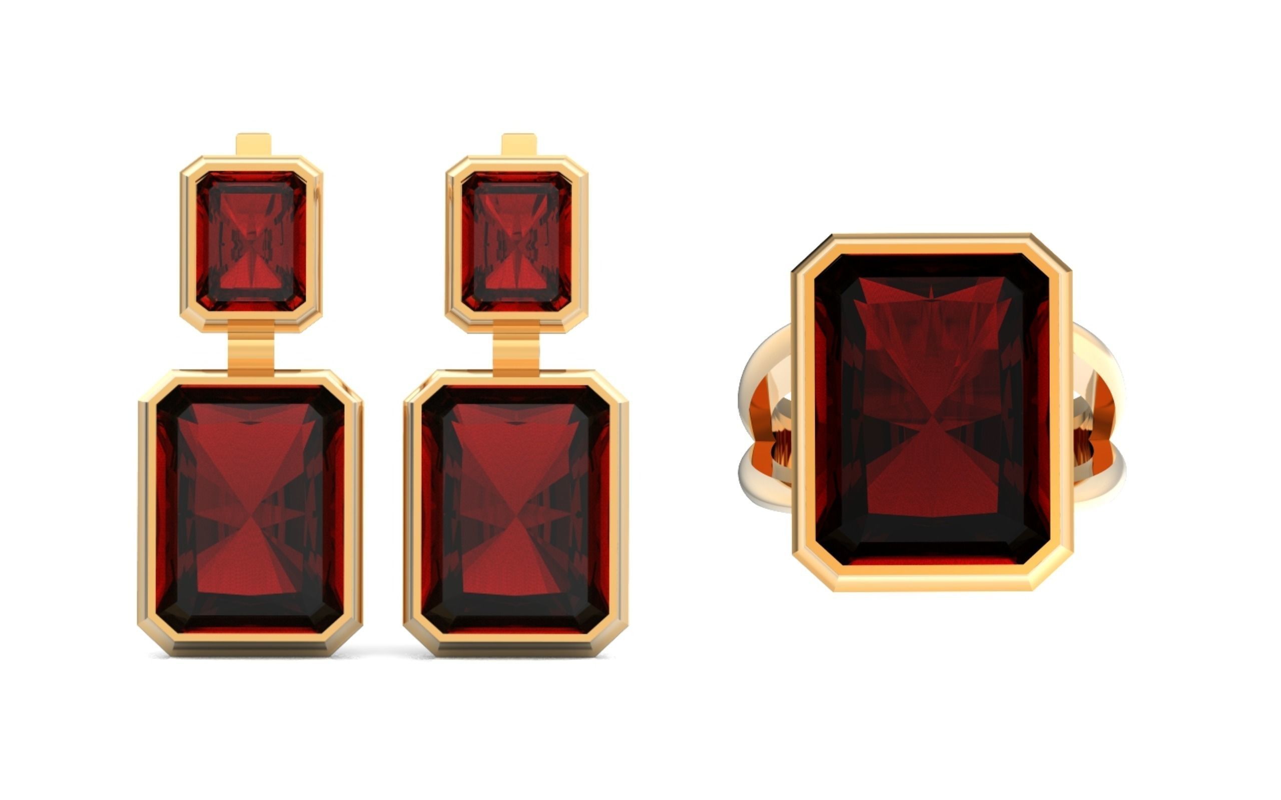 Trendy set earrings and ring  with big rectangular stone 414 3D Model Collection_2