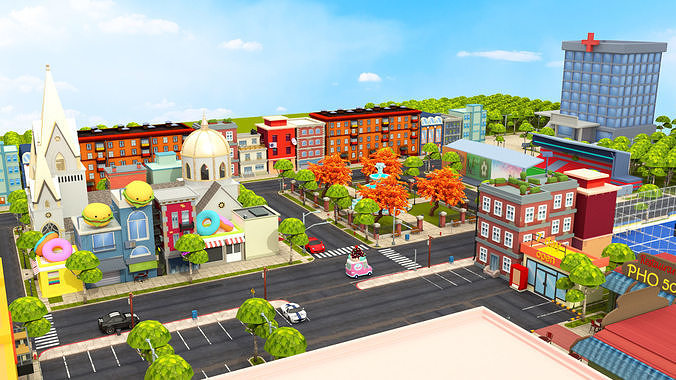 Cartoon City Street Scene 3D LowPoly Low-poly 3D model 6