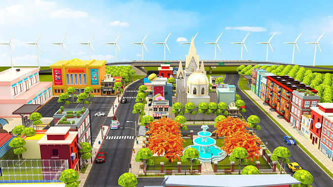 Cartoon City Street Scene 3D LowPoly Low-poly 3D model 7