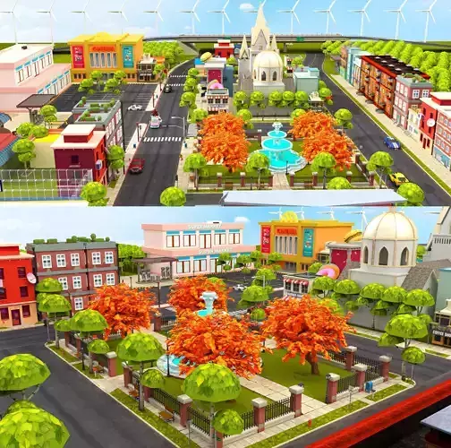 Cartoon City Street Scene 3D LowPoly Low-poly 3D model