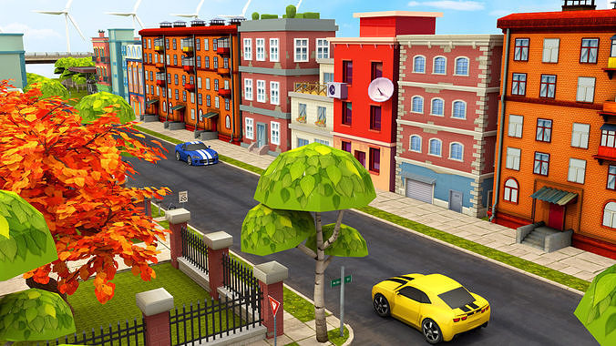 Cartoon City Street Scene 3D LowPoly Low-poly 3D model 4