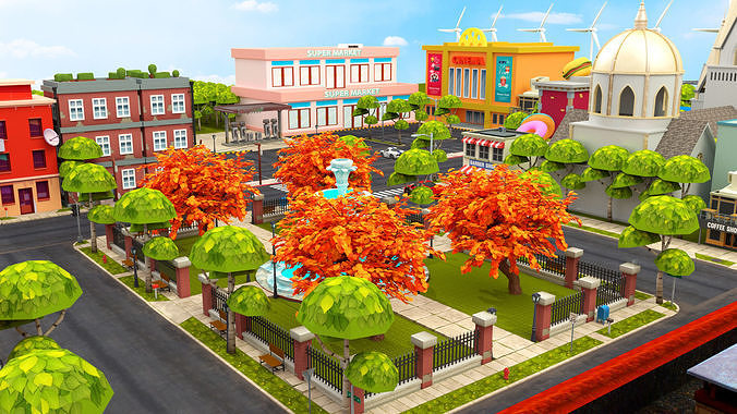 Cartoon City Street Scene 3D LowPoly Low-poly 3D model 3