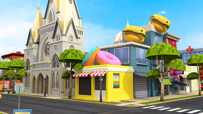 Cartoon City Street Scene 3D LowPoly Low-poly 3D model 5