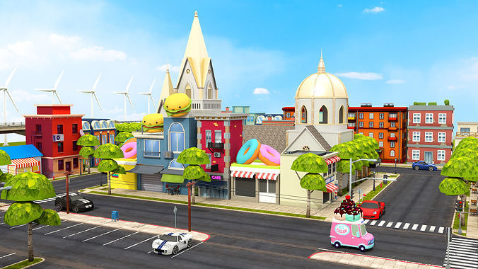 Cartoon City Street Scene 3D LowPoly Low-poly 3D model 2
