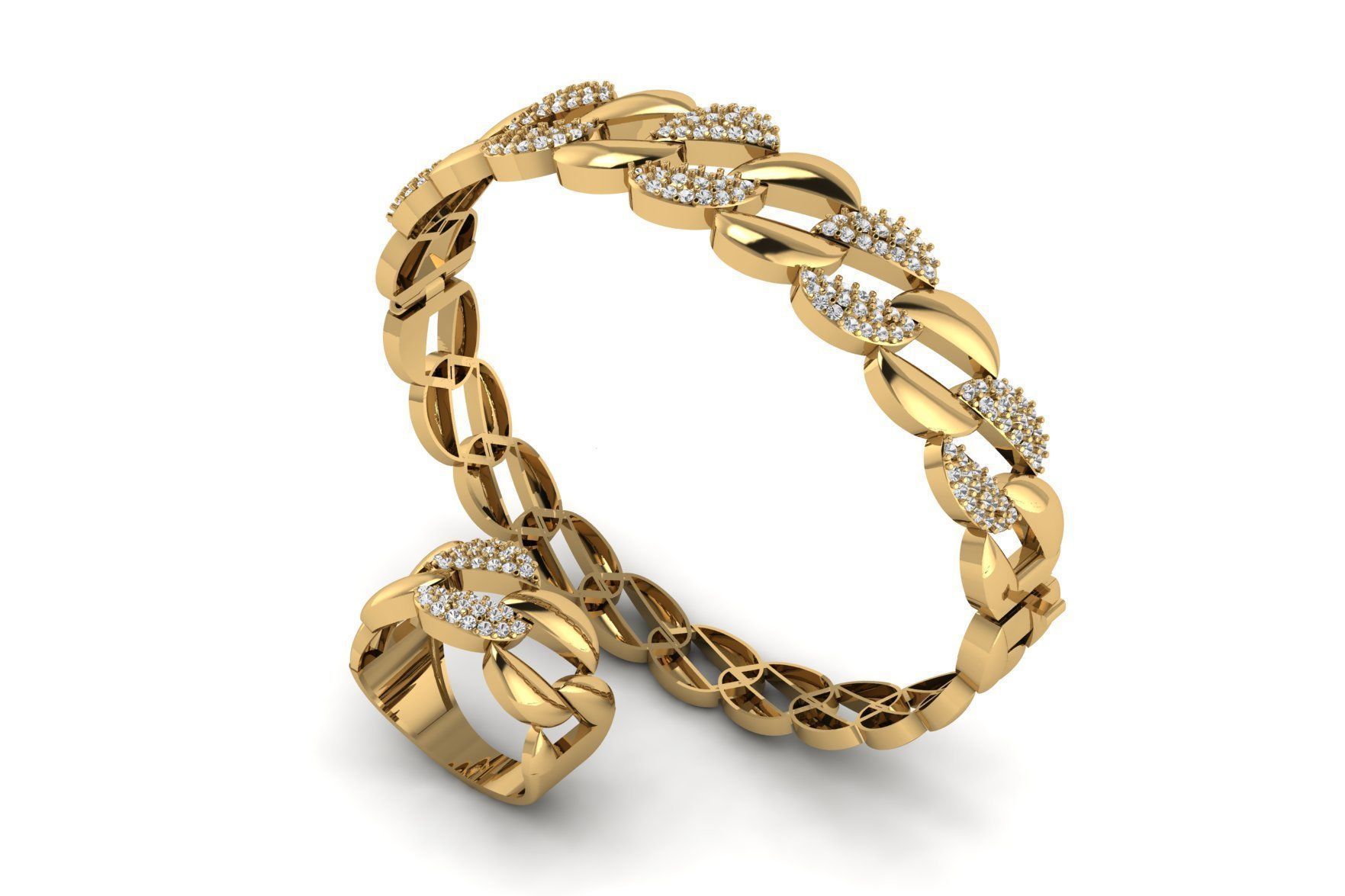 Set S 16 gold bracelet and ring with diamonds 3D print model_3