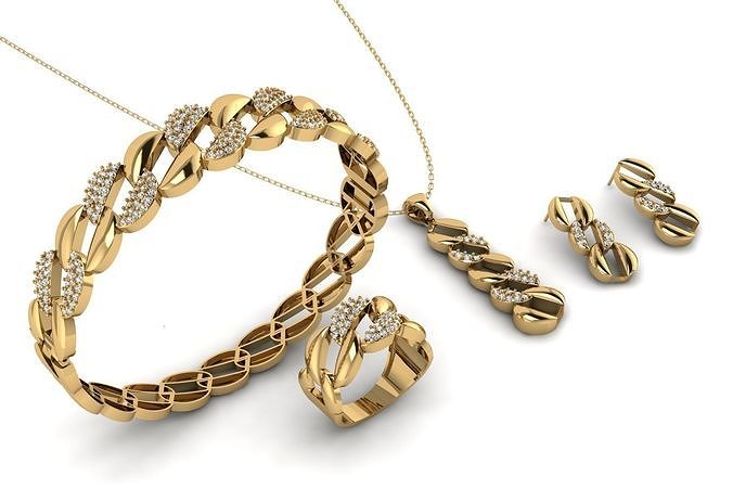 Set S 16 gold bracelet and ring with diamonds 3D print model