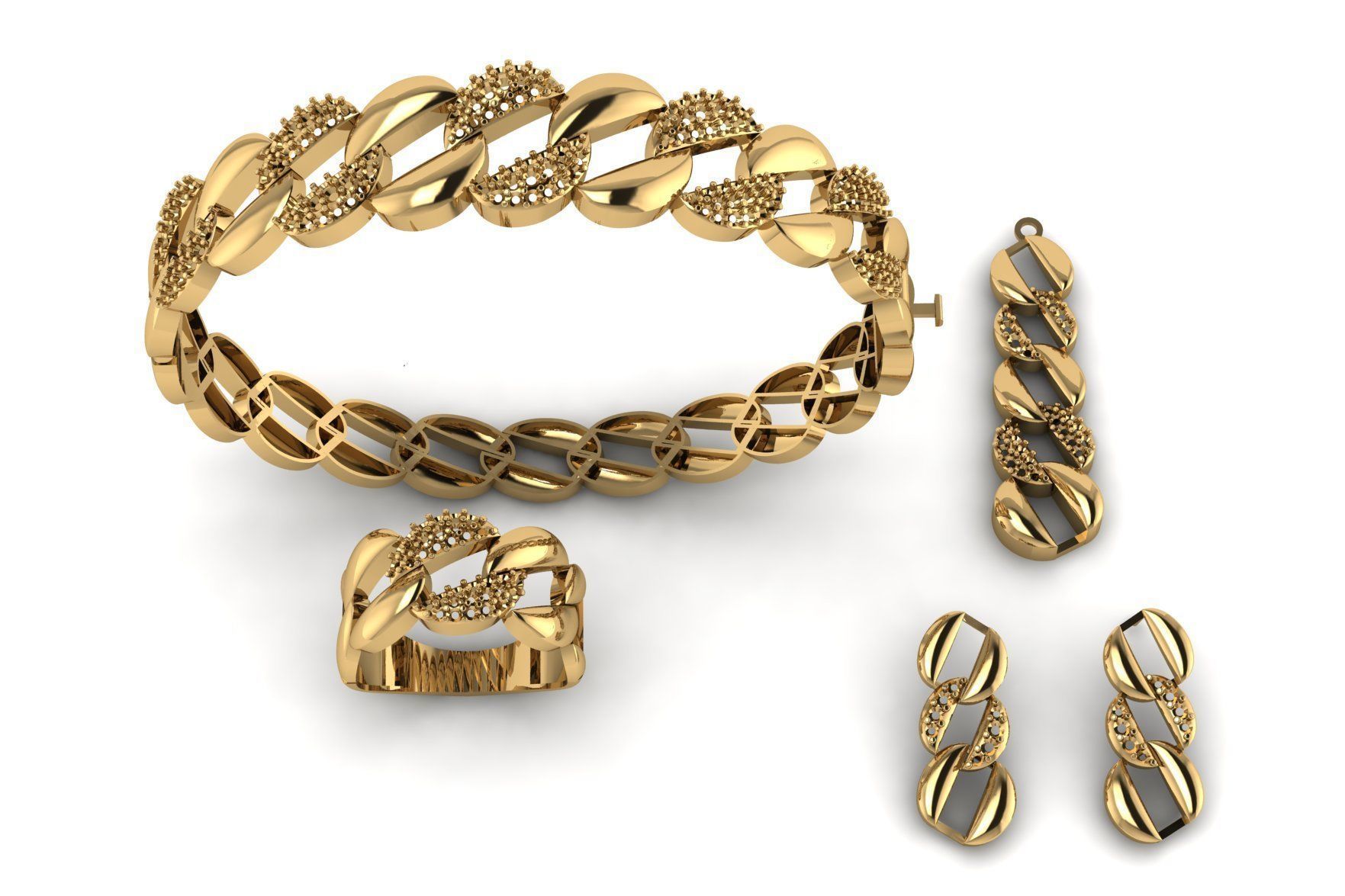 Set S 16 gold bracelet and ring with diamonds 3D print model_4