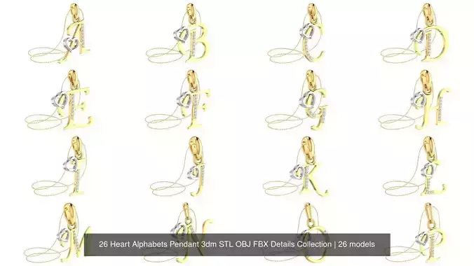 26 Heart Alphabets Pendant 3dm STL OBJ FBX Details Collection 