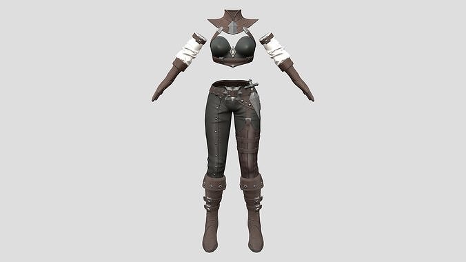 Female Warrior Pants Dagger Boots Top Gloves Outfit Low-poly 3D model