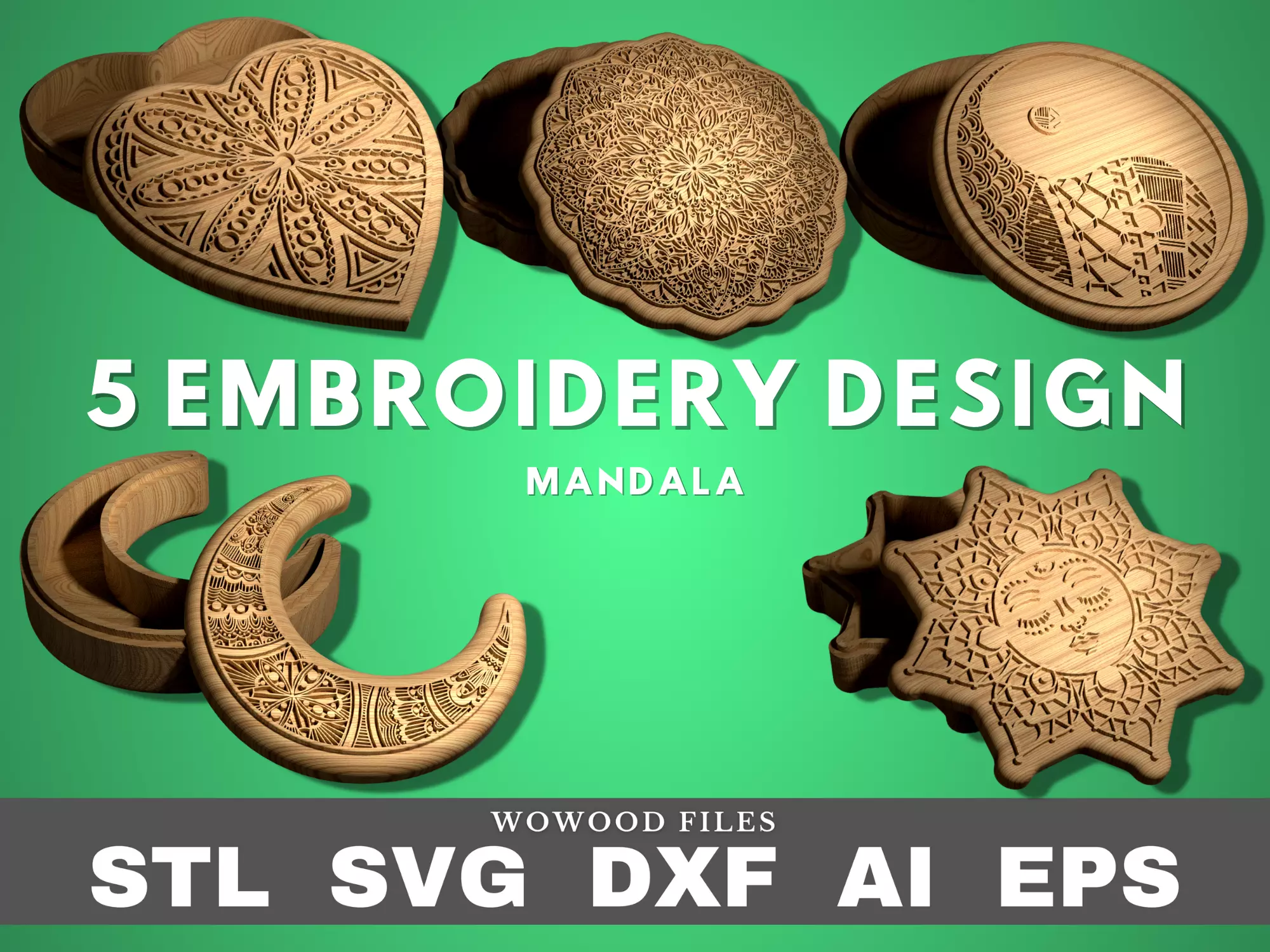 5 mandala boxes for CNC router and 3D printer STL DXF eps svg 3D print model_0