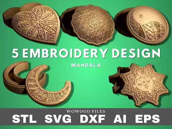 5 mandala boxes for CNC router and 3D printer STL DXF eps svg
