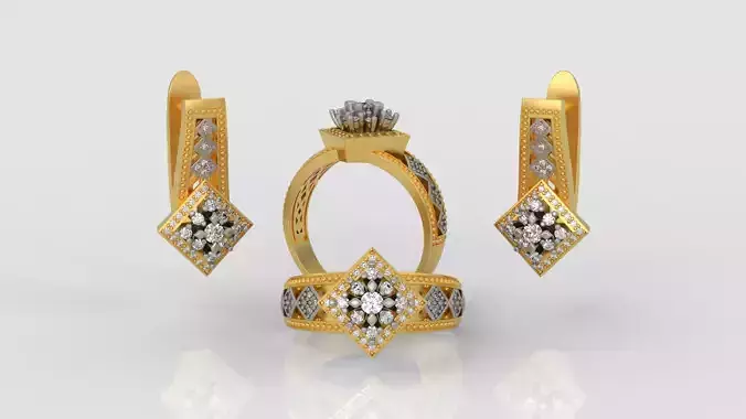 Ring and Earrings Diamond jewelry set 3d print model A 23