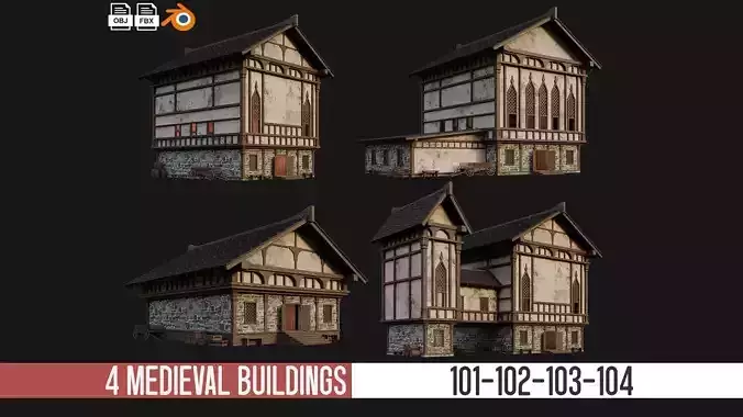 4 Old Medieval Buildings Pack 4K Textures GameReady 101 to 104 Low-poly 3D model