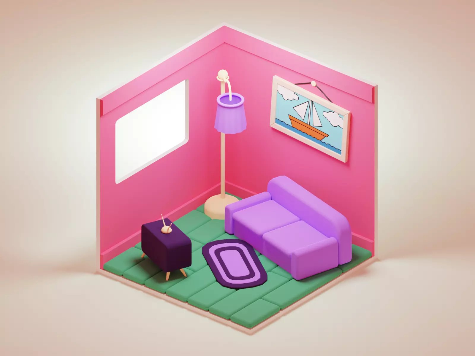 New Pink Isometric Room model on Blender 3D model_0