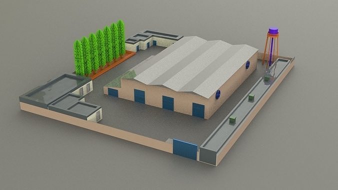 Building and industrial environment of a factory 3D print model