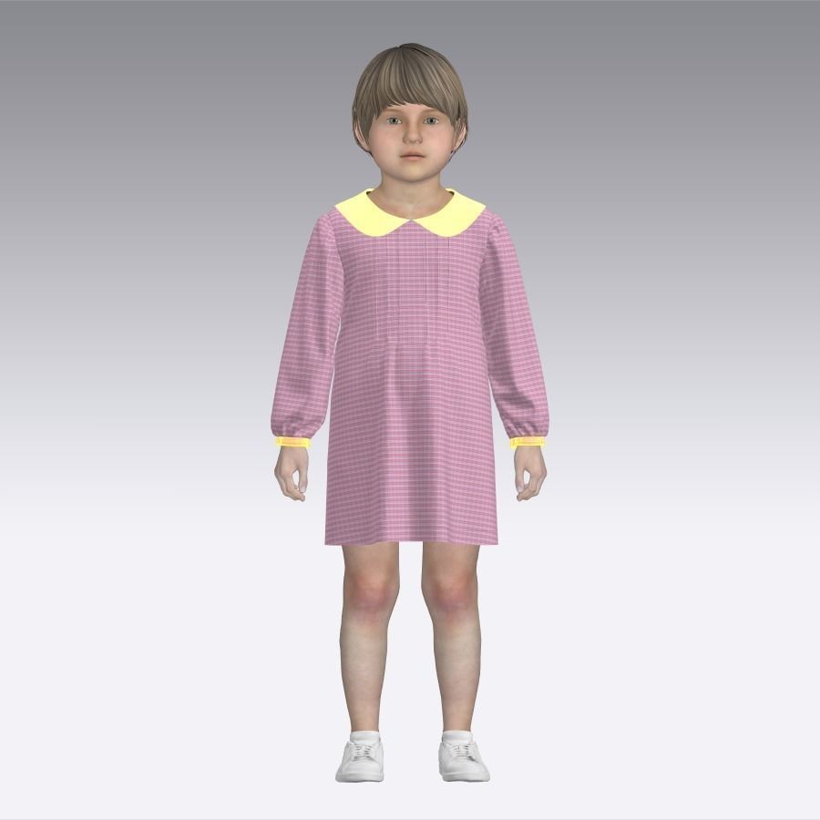 Girls Pan Collar Dress Low-poly 3D model_9