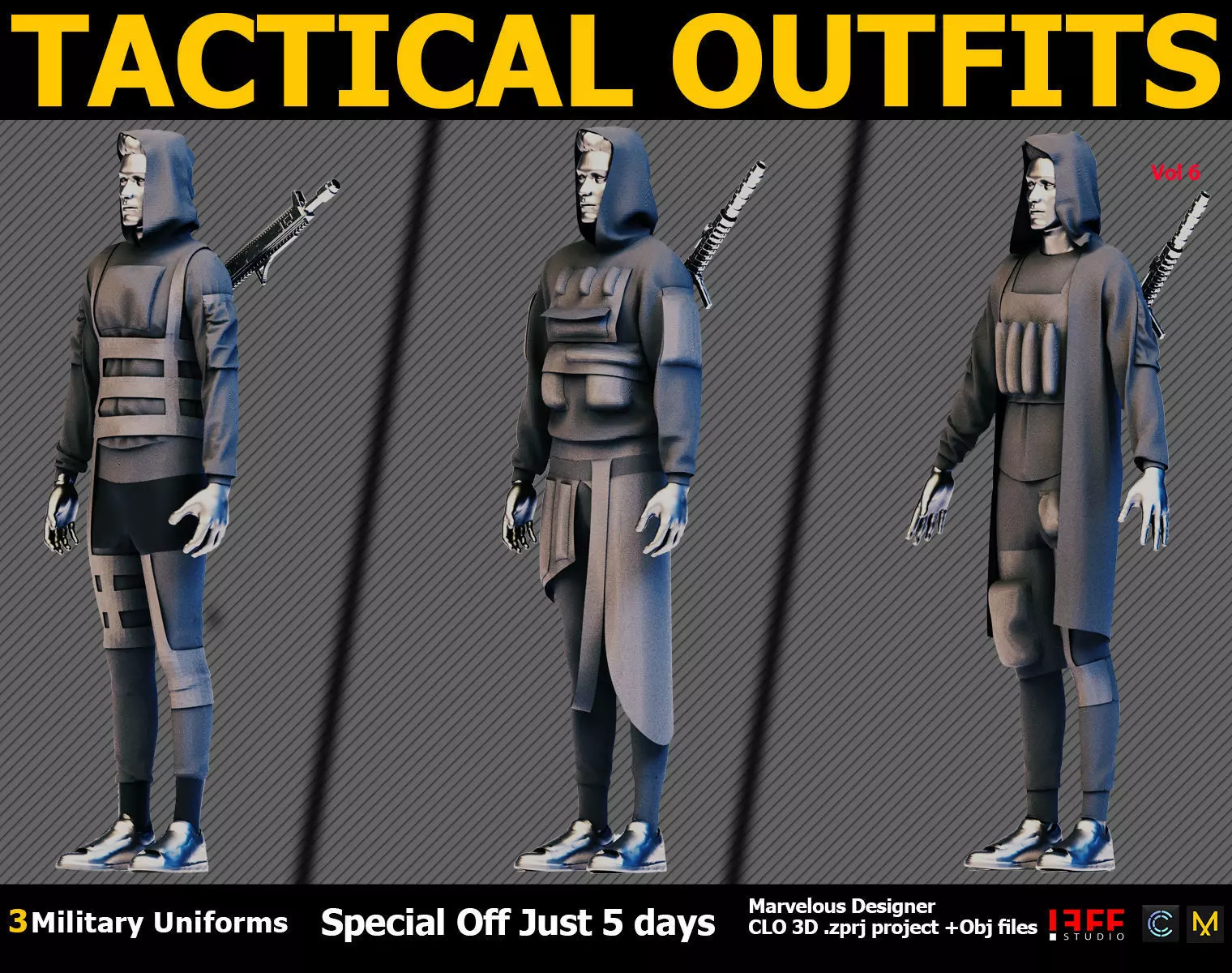 3 TACTICAL ARMY UNIFORMS Marvelous Designer and obj Low-poly 3D model_0