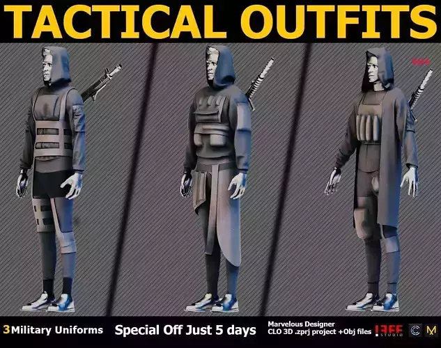 3 TACTICAL ARMY UNIFORMS Marvelous Designer and obj Low-poly 3D model