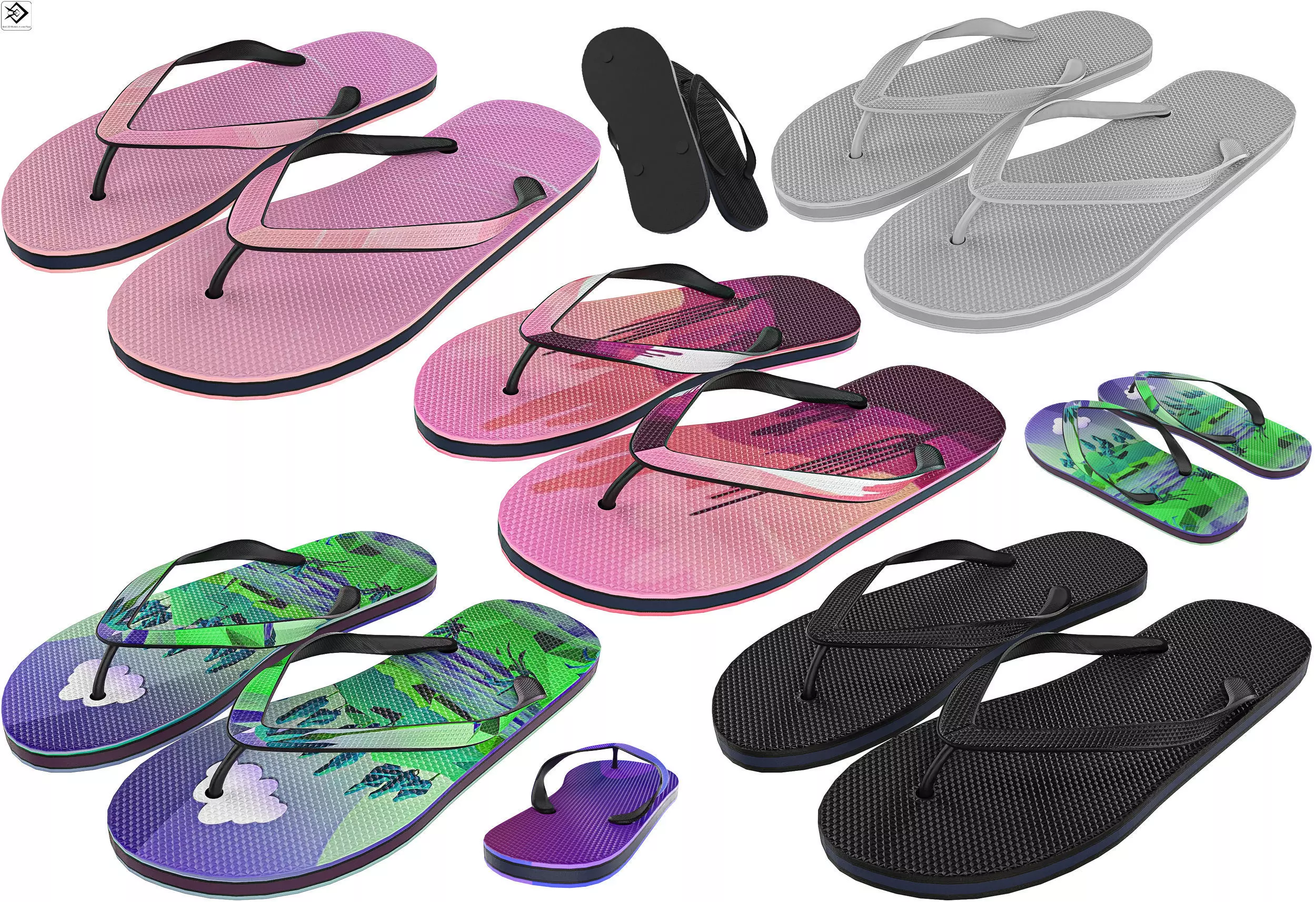 Flip Flops Pack PBR Low-poly 3D model_0