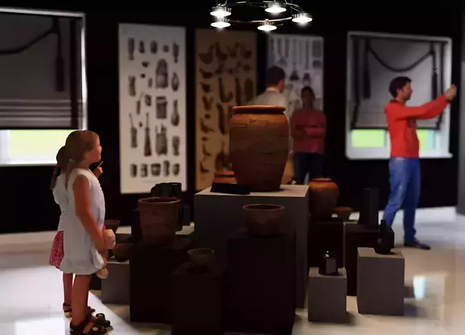 Museum model with people looking at artifacts